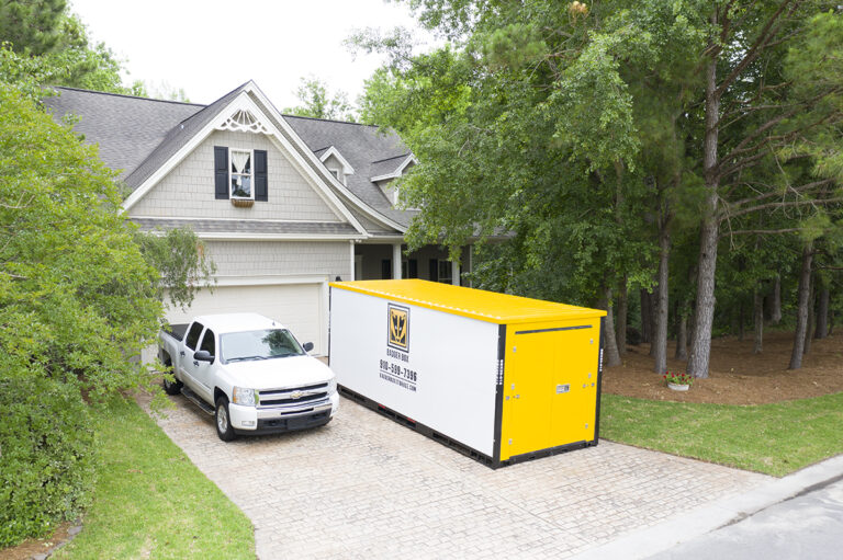 Badger Box portable storage container in residential driveway